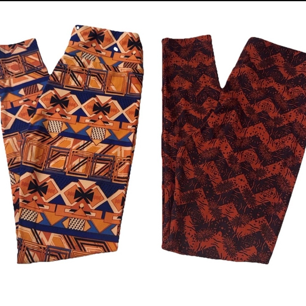 LuLaRoe One Size Leggings Bundle 2 Pairs Orange Geometric Print NWOT OS